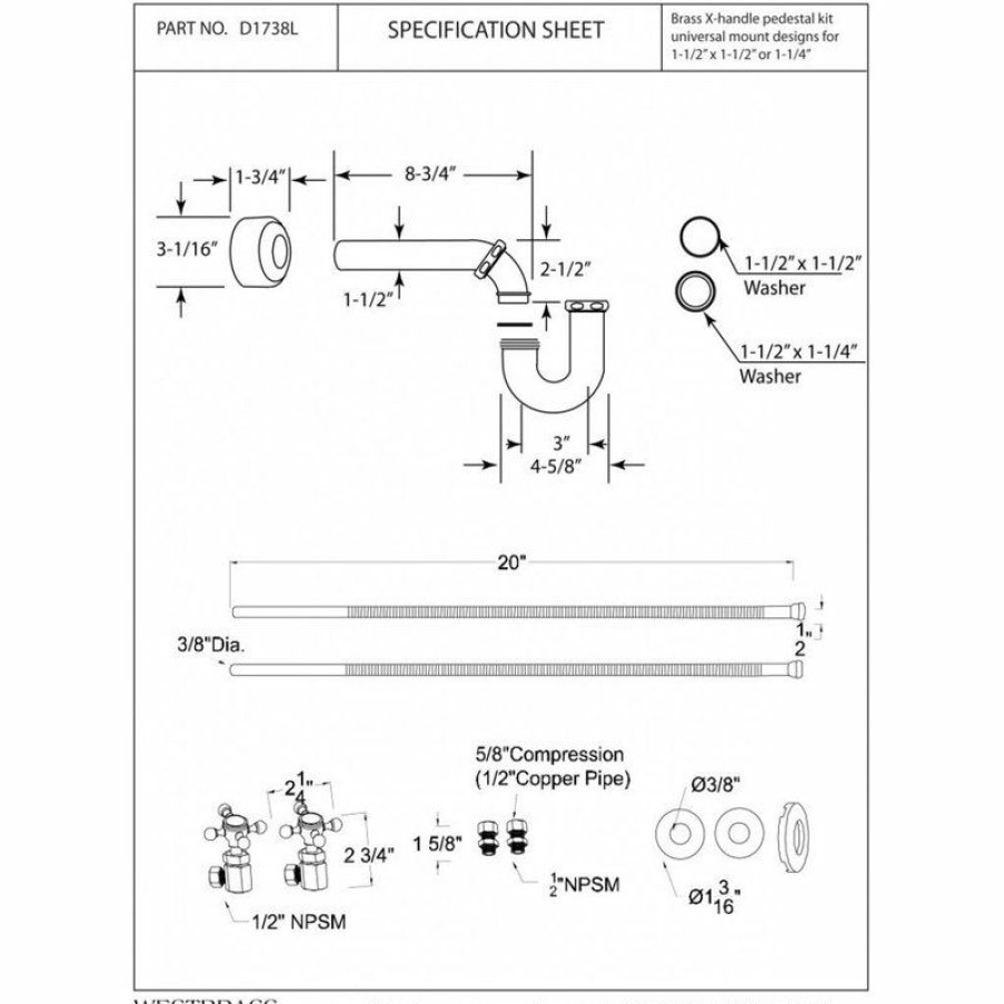 Bathroom Fixture Parts * | Deals Westbrass Victorian Pedestal Lavatory Kit Cross Handles In Polished Nickel